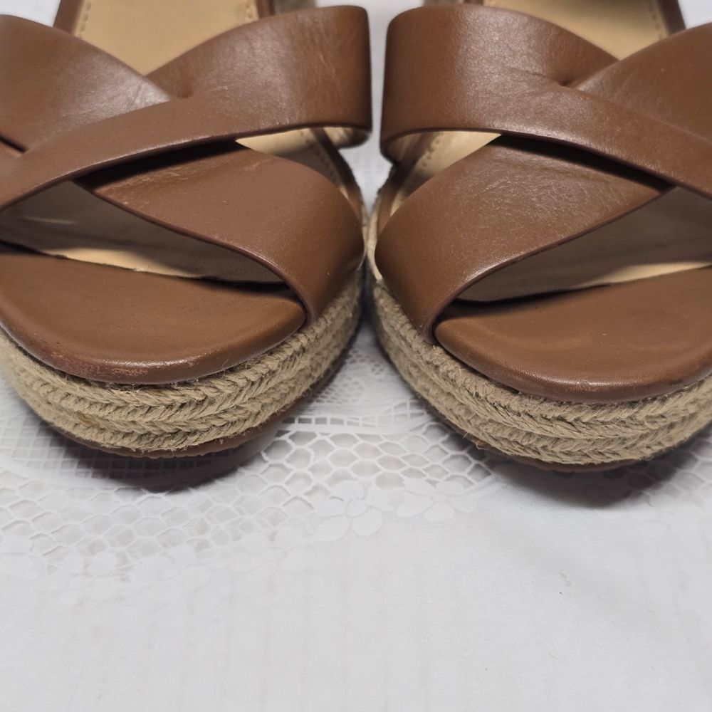 Michael Kors Viola Espadrille Wedge Sandals In Peanut Butter Genuine Leather 7.5 - Picture 3 of 11